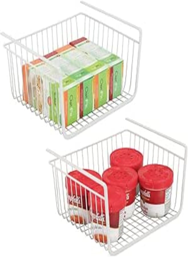 mDesign Metal Under Shelf Hanging Storage Basket with Open Front for Organizing Kitchen Cabinets, Cabinets, Shelves - Large, 2 Pack - White