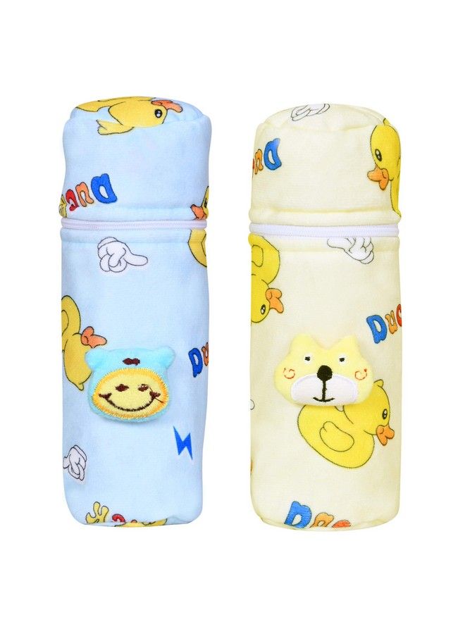 The Little Lookers Soft Plush Stretchable Baby Feeding Bottle Cover With Easy To Hold Strap ; Cute Animated Overall Print Pack Of 2 (Yellow & Blue Zip Closure 120Ml150Ml;4Oz5Oz)  - Image 2