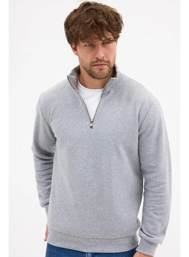 Mmetalic  Men's Gray Standard Fit Regular Cut Half-Zip Cotton Stand-Collar Sweatshirt for Men | Best Price UAE