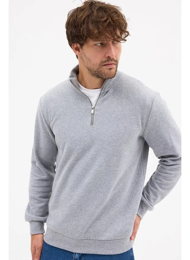 Mmetalic  Men's Gray Standard Fit Regular Cut Half-Zip Cotton Stand-Collar Sweatshirt for Men | Best Price UAE