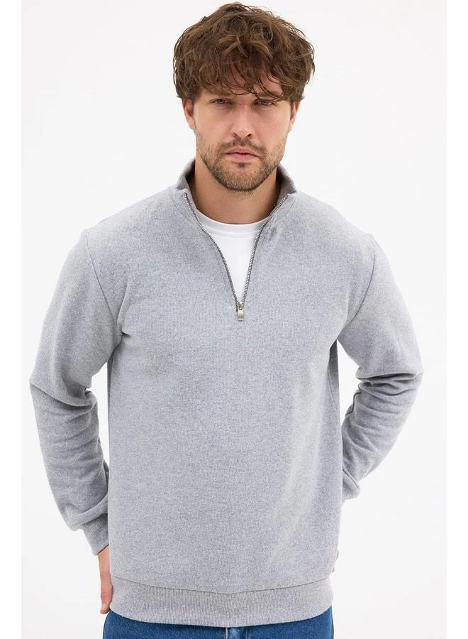 Men's Gray Standard Fit Regular Cut Half-Zip Cotton Stand-Collar Sweatshirt