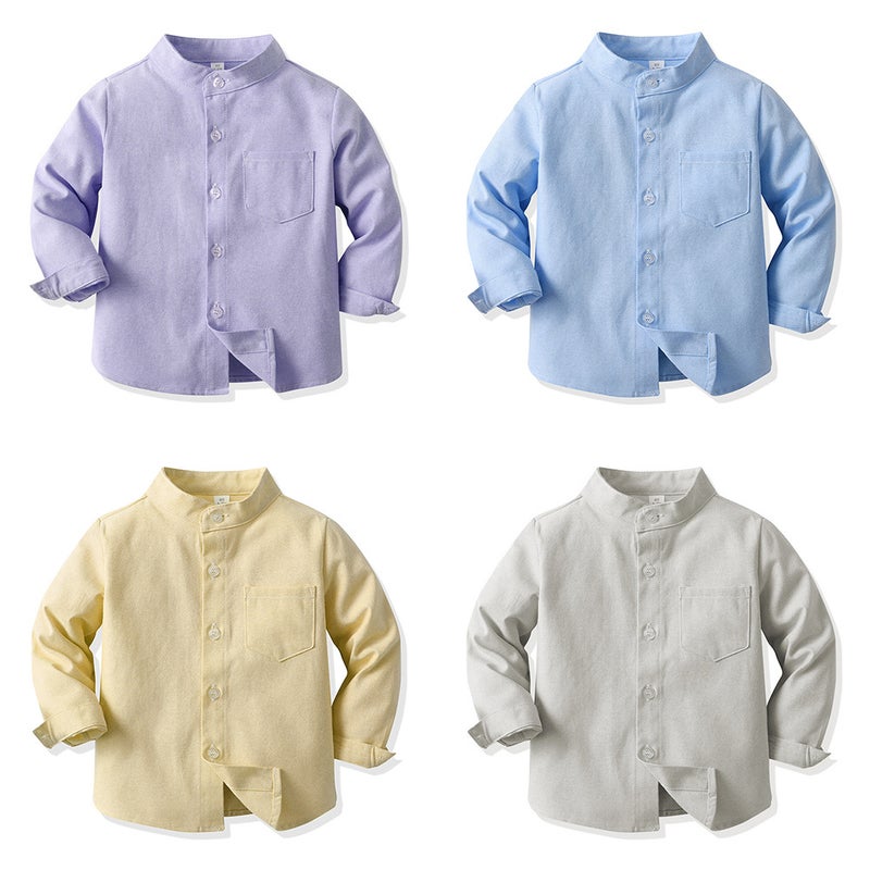Spring Korean Style Boys' Shirt Pure Color Stand Collar Long Sleeve Single Breasted Versatile Cotton Cardigan Children'S Clothing Shirt - Image 2