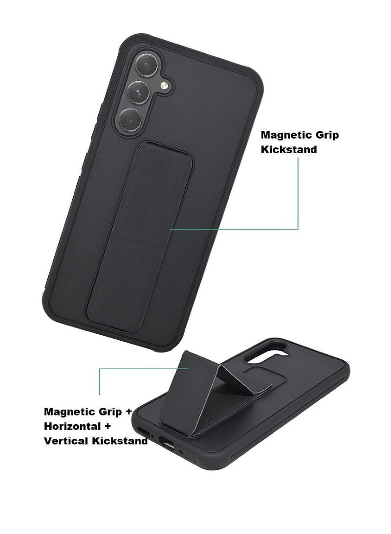 Olliwon Full Protection Wrist Strap Magnetic Car Holder Soft Silicone Horizontal & Vertical Kickstand Case Cover For Samsung Galaxy A34 5G (Black) - Image 3