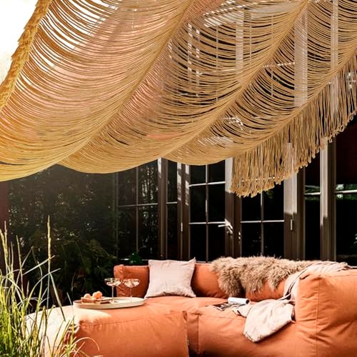 Flber Macrame Curtain Boho Curtain Doorway Window Wall Decor Fiber Yarn Art Handwoven Wall Hanging Art Craftsmanship Home Door Bedroom Wedding Backdrop Arch,Closet Room Divider 59" W x 75" H (1 Panel,Khaki) - Image 2