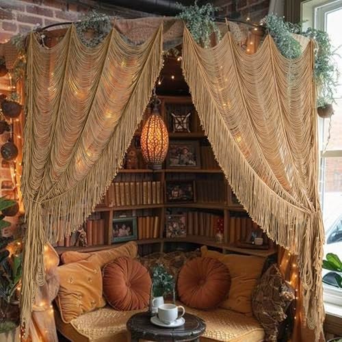 Flber Macrame Curtain Boho Curtain Doorway Window Wall Decor Fiber Yarn Art Handwoven Wall Hanging Art Craftsmanship Home Door Bedroom Wedding Backdrop Arch,Closet Room Divider 59" W x 75" H (1 Panel,Khaki) - Image 1