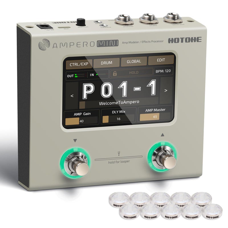 HOTONE Multi Effects Processor Pedal Guitar Bass Amp Modeling IR Cabinets Simulation Multi LanguageStereo OTG USB Audio Interface Ampero Mini MP50 Include 10 PCS Additional Footswitch Toppers