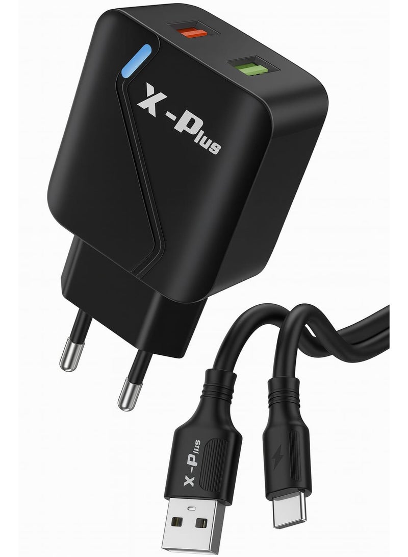X-Plus 28W Fast Wall Charger with Dual USB Ports and 1m Type-C Cable, Smart LED Light, Model XP-36