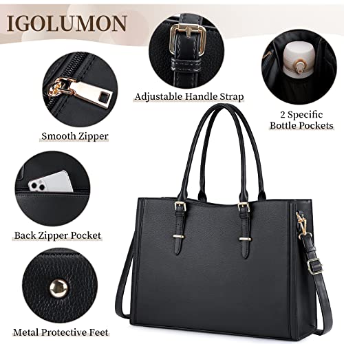 IGOLUMON حقيبة لابتوب IGOLUMON للنساء 15.6 بوصة حقيبة توت مقاومة للماء حقيبة عمل جلدية حقيبة كمبيوتر حقيبة احترافية بسعة كبيرة حقيبة يد حقيبة كتف سوداء - Image 3