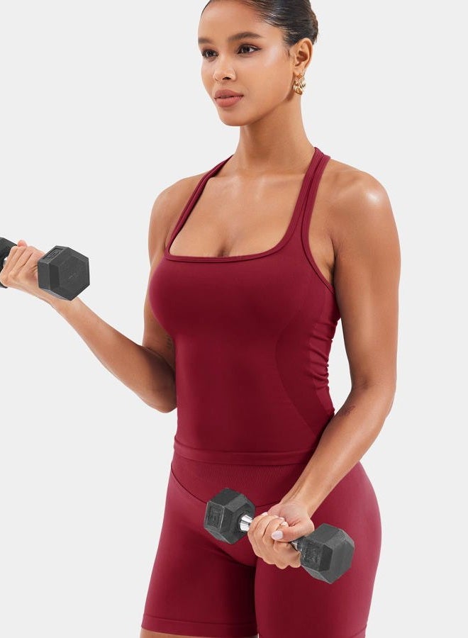 YEOREO Esteile Workout Tank Tops for Women Square Neck Sleeveless Camisole Tops Seamless Racerback Gym Athletic Yoga Shirts, Wine Red, L - Image 5