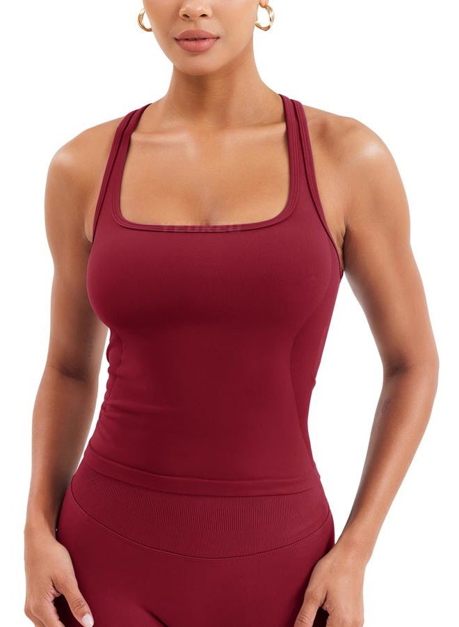 YEOREO Esteile Workout Tank Tops for Women Square Neck Sleeveless Camisole Tops Seamless Racerback Gym Athletic Yoga Shirts, Wine Red, L - Image 1