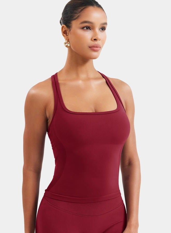 YEOREO Esteile Workout Tank Tops for Women Square Neck Sleeveless Camisole Tops Seamless Racerback Gym Athletic Yoga Shirts, Wine Red, L - Image 3