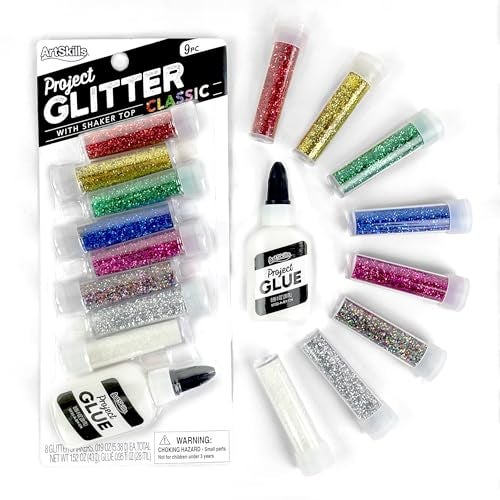 ArtSkills Ultra-Fine and Bright Glitter Shakers and Craft Glue, Arts and Crafts Supplies, Classic Colors, 9 Pieces - Image 1