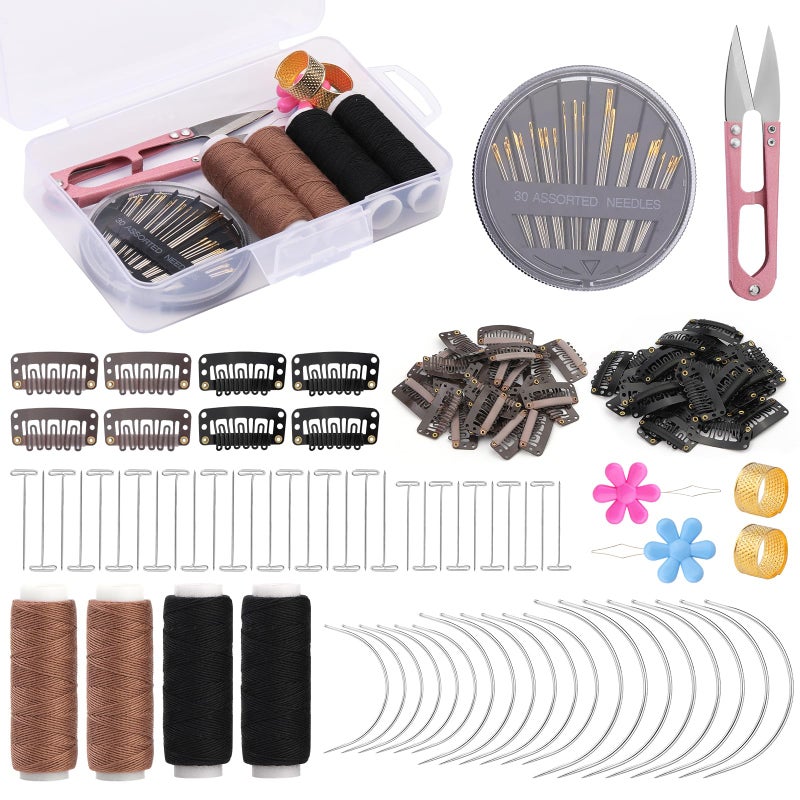 Fedmut 120 PCS Hair Extension Clips and Thread Kit Hairpieces Snap Clips U Shape Wig Clip for Hair Extensions Include Sewing Needles Threaders Thimbles and Scissor