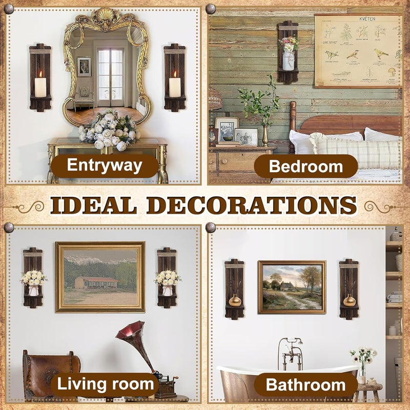 Alphatool Gulf approved global quality 2Pcs Rustic Wall Hanging Candle Sconces- Farmhouse Wall Mounted Wooden Candle Holders for Flower Vase- Handmade Hanging Wall Sconces for Bedroom Living Room Kitchen Bathroom (Brown) Market multi-use trusted quality - Image 5