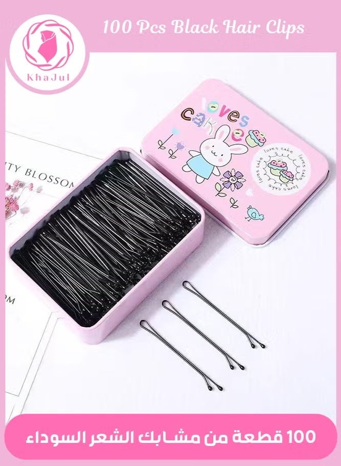خاجول مجموعة من 100 دبوس شعر طويل مع علبة، دبابيس شعر سوداء كبيرة الحجم للكعكات، مشبك شعر فاخر بطول 5.5 سم للفتيات والنساء وحفلات الزفاف، رائع لجميع أنواع الشعر - Image 1