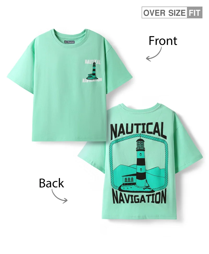 Pine Kids Pine Kids Cotton Knit Half Drop Shoulder Sleeves T-Shirt with Nautical Print - Sea Green