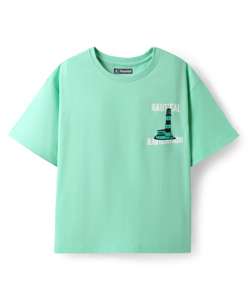 Pine Kids Pine Kids Cotton Knit Half Drop Shoulder Sleeves T-Shirt with Nautical Print - Sea Green