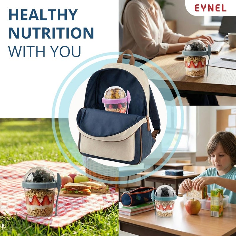 EYNEL 4 Pack 17 oz Small Breakfast On The Go Yogurt Parfait Cups, Reusable Plastic Containers with Lids and Spoons, Perfect Jars for Overnight Oats Cereal Granola Oatmeal (4 Colors Set) - Image 3