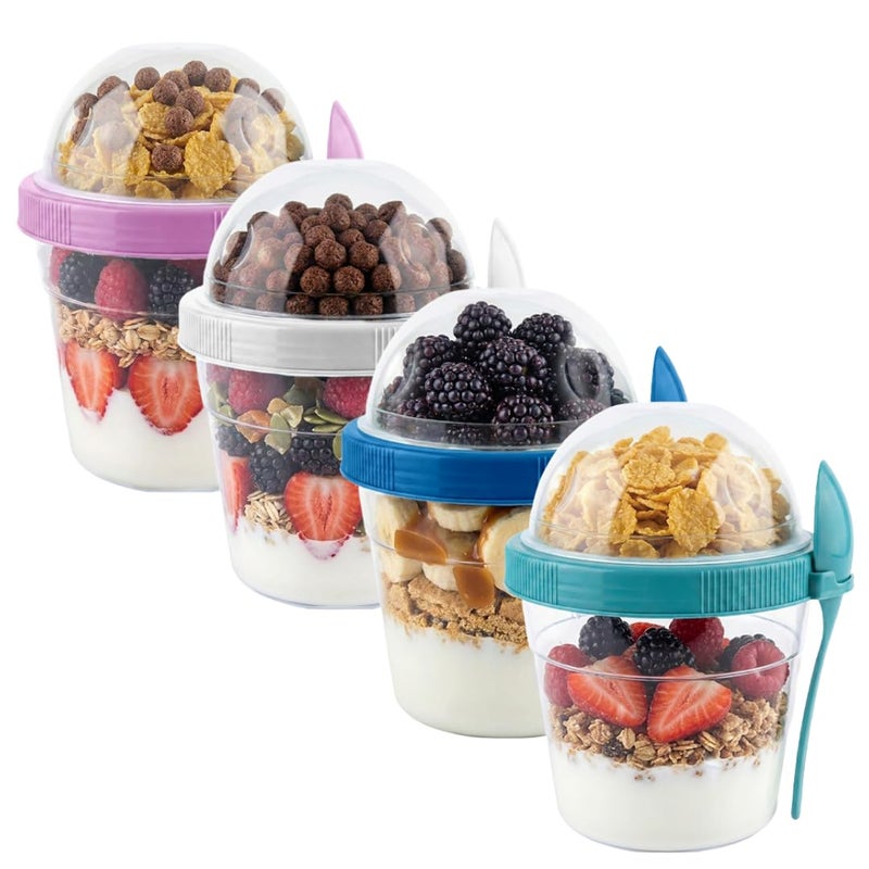 EYNEL 4 Pack 17 oz Small Breakfast On The Go Yogurt Parfait Cups, Reusable Plastic Containers with Lids and Spoons, Perfect Jars for Overnight Oats Cereal Granola Oatmeal (4 Colors Set) - Image 1