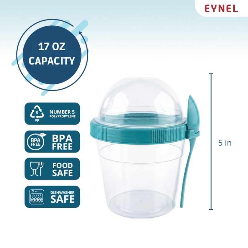 EYNEL 4 Pack 17 oz Small Breakfast On The Go Yogurt Parfait Cups, Reusable Plastic Containers with Lids and Spoons, Perfect Jars for Overnight Oats Cereal Granola Oatmeal (4 Colors Set) - Image 2