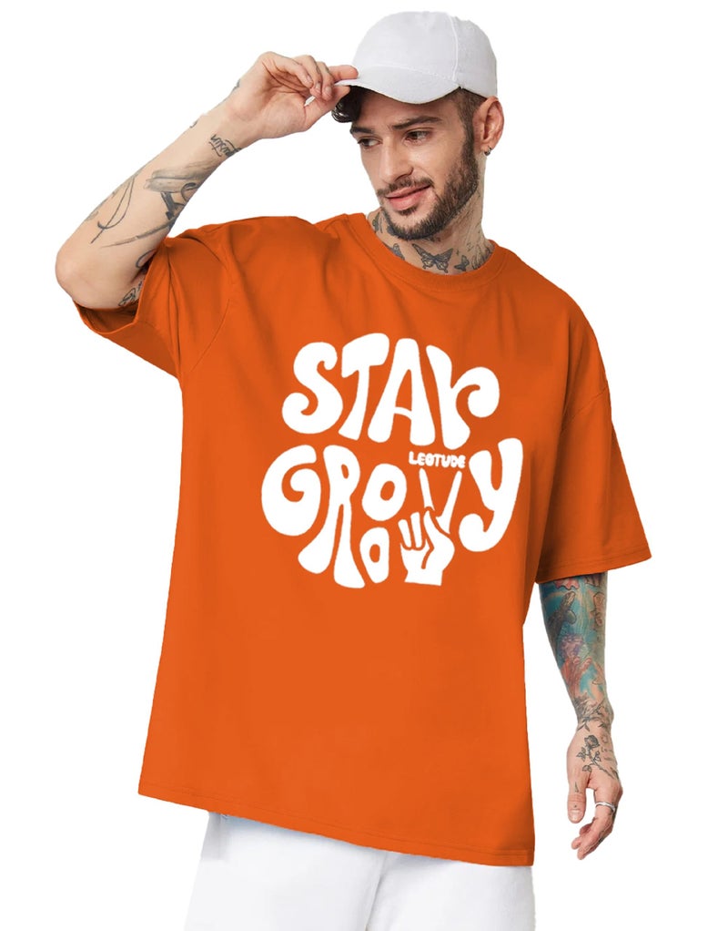 LEOTUDE Men's Oversize Round Neck Oversized Fit T-Shirt (Fs49_Men_Groovy_P_Orange1_Xl) Orange - Image 1
