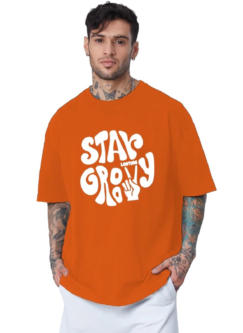 LEOTUDE Men's Oversize Round Neck Oversized Fit T-Shirt (Fs49_Men_Groovy_P_Orange1_Xl) Orange - Image 4