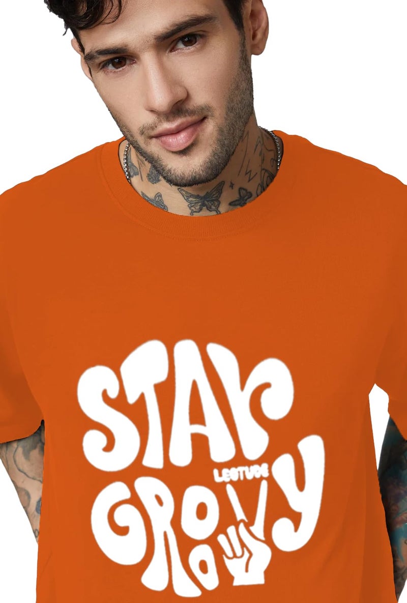 LEOTUDE Men's Oversize Round Neck Oversized Fit T-Shirt (Fs49_Men_Groovy_P_Orange1_Xl) Orange - Image 3
