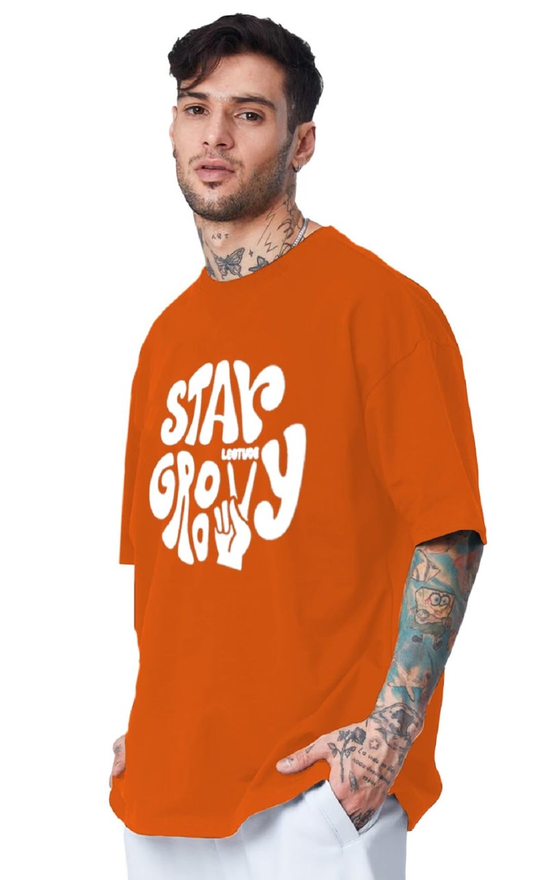 LEOTUDE Men's Oversize Round Neck Oversized Fit T-Shirt (Fs49_Men_Groovy_P_Orange1_Xl) Orange - Image 2