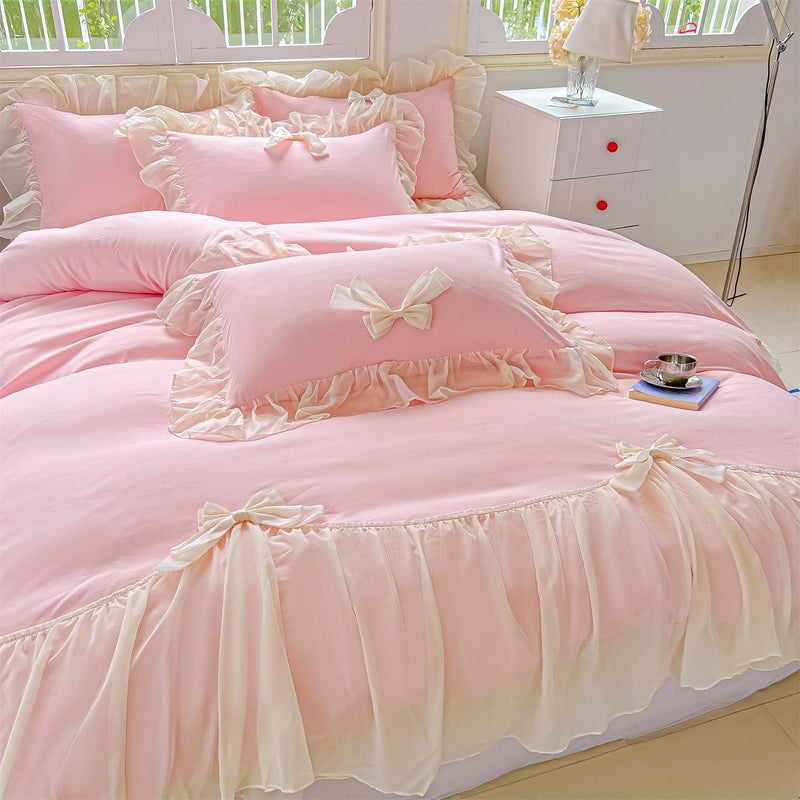 SOUKECHY Girls Lace Bedding,Queen Comforter Cover Set, Chic Ruffled Duvet Cover with Lovely Bow,Princess Style 1 Duvet Cover with 2 Pillowcases, No Comforter-Pink,Queen Size - Image 5