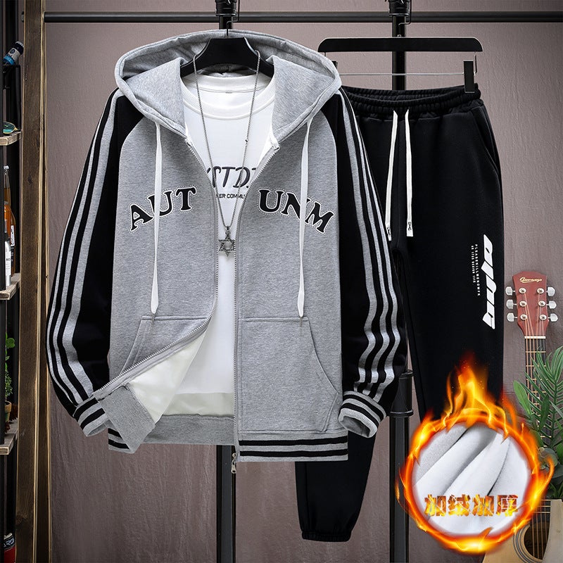 2023 Top Casual Fashion Sweater Coat Jacket Casual Pants Trousers Fleece-Lined Thickened Suit Two-Piece Set - Image 3