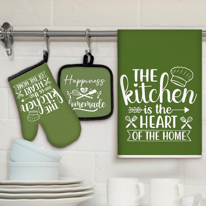 Sratte 6 Pcs Kitchen Decor Accessories Set Farmhouse Towels Pot Holders Oven Mitts Set 2 Dish Towels 2 Potholders 2 Cooking Mittens Oven Glove for Christmas Baking Cooking(Avocado Green,Kitchen) - Image 2