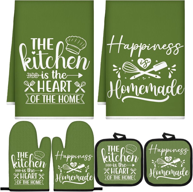 Sratte 6 Pcs Kitchen Decor Accessories Set Farmhouse Towels Pot Holders Oven Mitts Set 2 Dish Towels 2 Potholders 2 Cooking Mittens Oven Glove for Christmas Baking Cooking(Avocado Green,Kitchen) - Image 1