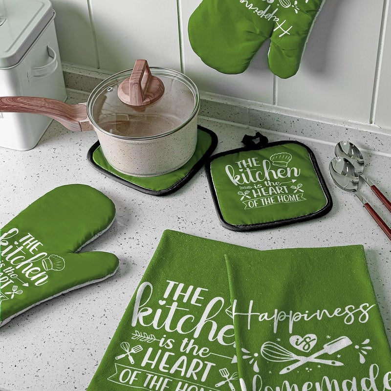 Sratte 6 Pcs Kitchen Decor Accessories Set Farmhouse Towels Pot Holders Oven Mitts Set 2 Dish Towels 2 Potholders 2 Cooking Mittens Oven Glove for Christmas Baking Cooking(Avocado Green,Kitchen) - Image 3