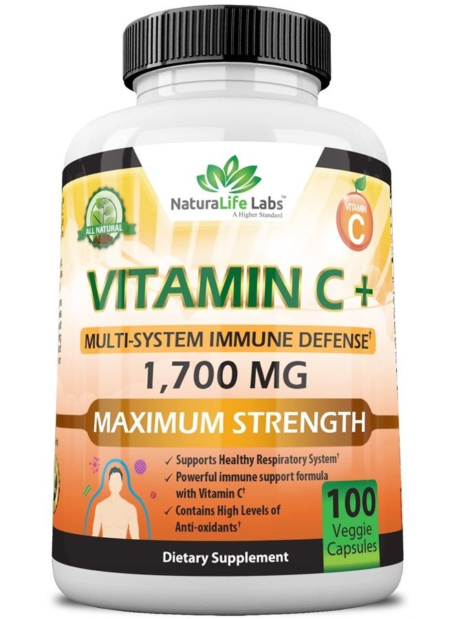 NaturaLife Labs Vitamin C 1,700 MG with Vitamin D3, Zinc, Elderberry, Ginger Root - Maximum Strength Multi System Immune Support- 100 Veggie Capsules - Image 1