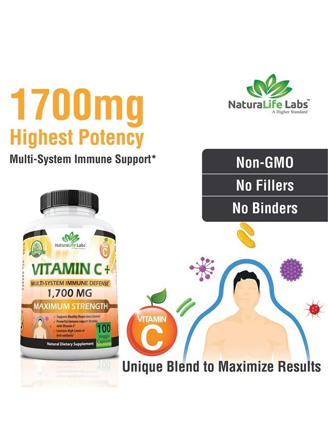 NaturaLife Labs Vitamin C 1,700 MG with Vitamin D3, Zinc, Elderberry, Ginger Root - Maximum Strength Multi System Immune Support- 100 Veggie Capsules - Image 4