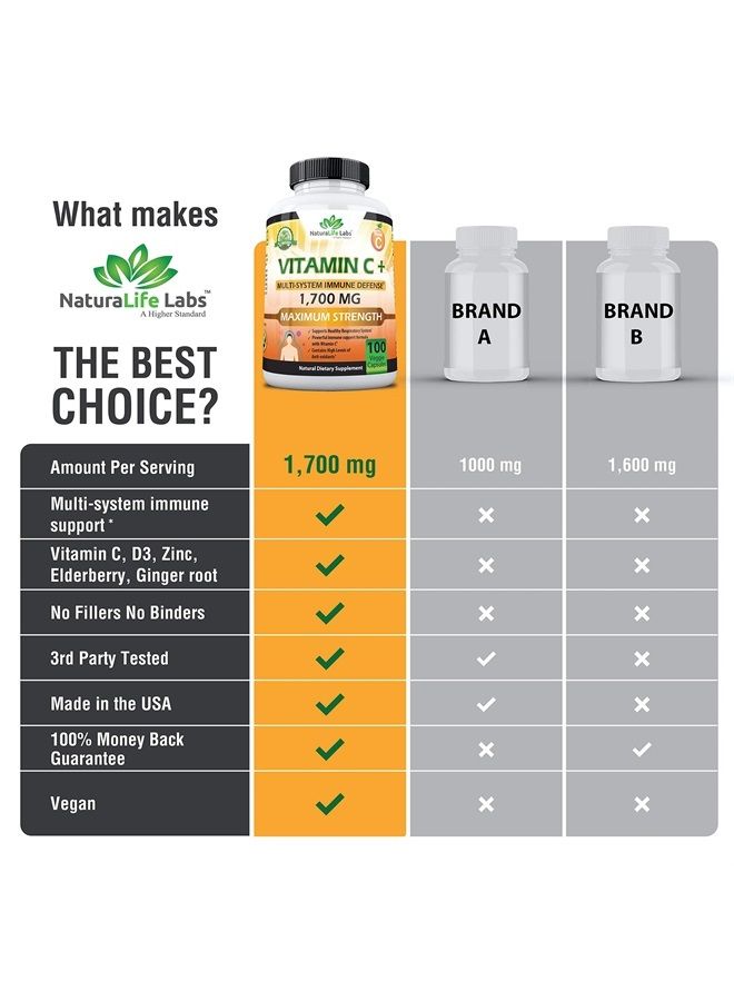 NaturaLife Labs Vitamin C 1,700 MG with Vitamin D3, Zinc, Elderberry, Ginger Root - Maximum Strength Multi System Immune Support- 100 Veggie Capsules - Image 5