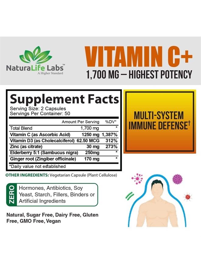 NaturaLife Labs Vitamin C 1,700 MG with Vitamin D3, Zinc, Elderberry, Ginger Root - Maximum Strength Multi System Immune Support- 100 Veggie Capsules - Image 2