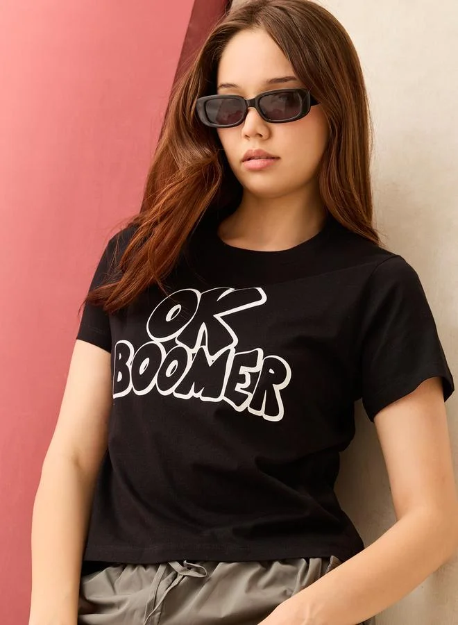 Outzidr  Black Crew Neck Graphic T-Shirt - 100% Cotton for Women | Best Price UAE