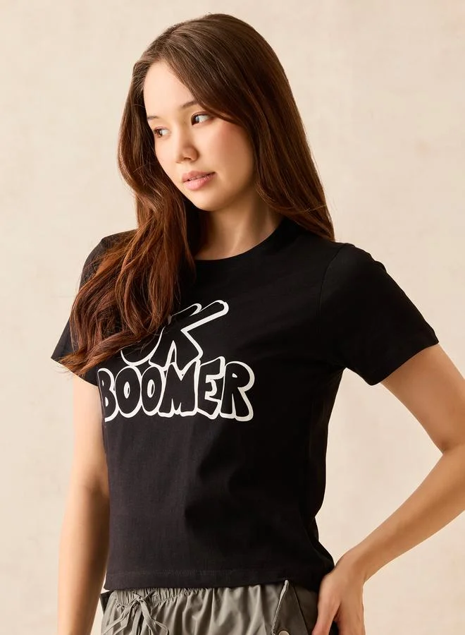 Outzidr  Black Crew Neck Graphic T-Shirt - 100% Cotton for Women | Best Price UAE