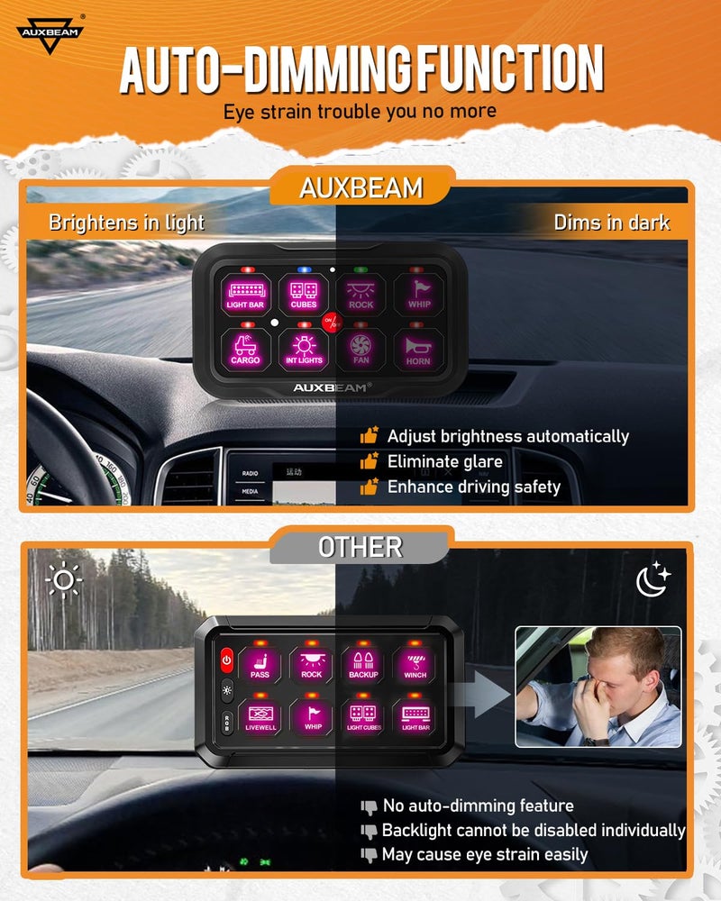 Auxbeam 8 Gang Switch Panel AR-820 Bluetooth RGB Switch Pod Automatic Dimmable Multifunction Switch w/Toggle Momentary Pulsed Control Panel for UTV ATV Truck Car RV Boat Waterproof 2 Years Warranty - Image 3