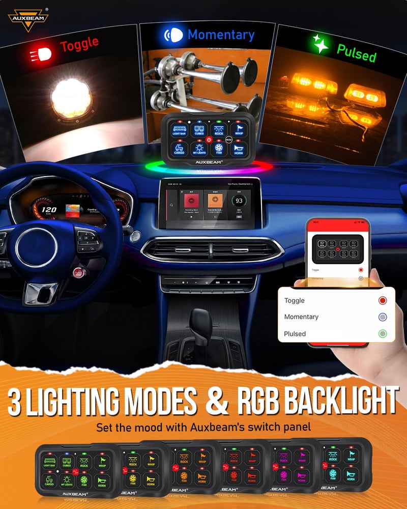 Auxbeam 8 Gang Switch Panel AR-820 Bluetooth RGB Switch Pod Automatic Dimmable Multifunction Switch w/Toggle Momentary Pulsed Control Panel for UTV ATV Truck Car RV Boat Waterproof 2 Years Warranty - Image 2
