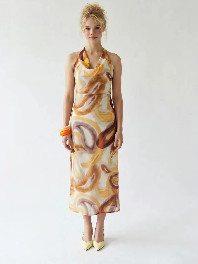 Mixray MIXRAY Abstract Chiffon Midi Dress