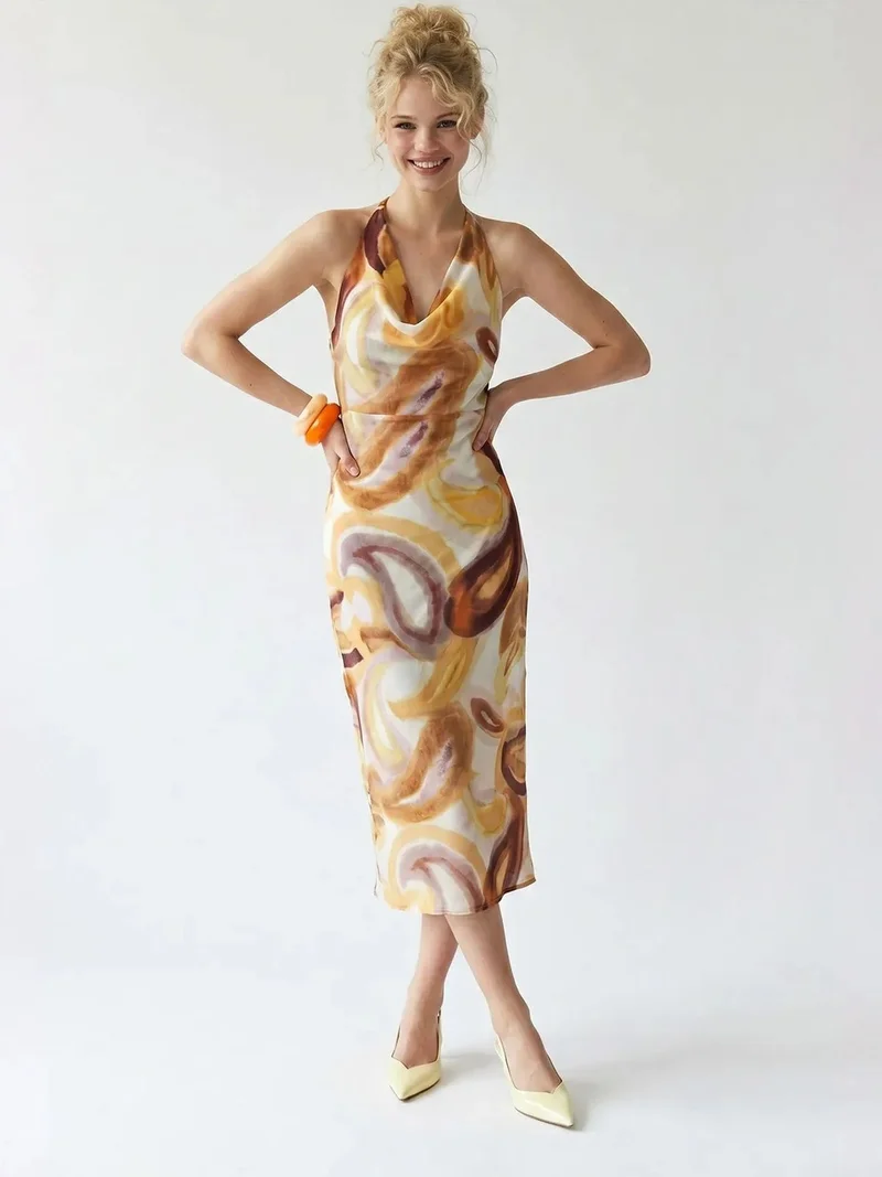 Mixray MIXRAY Abstract Chiffon Midi Dress