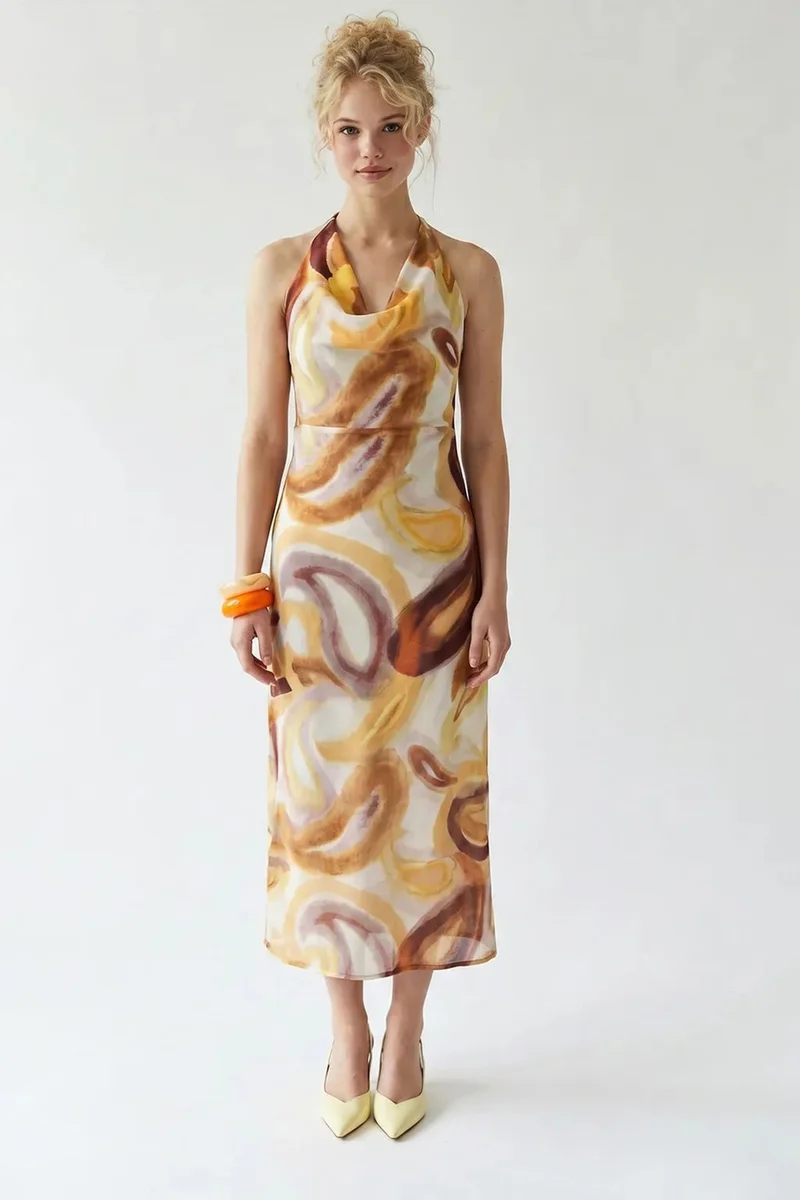 ميكسراي MIXRAY Abstract Chiffon Midi Dress
