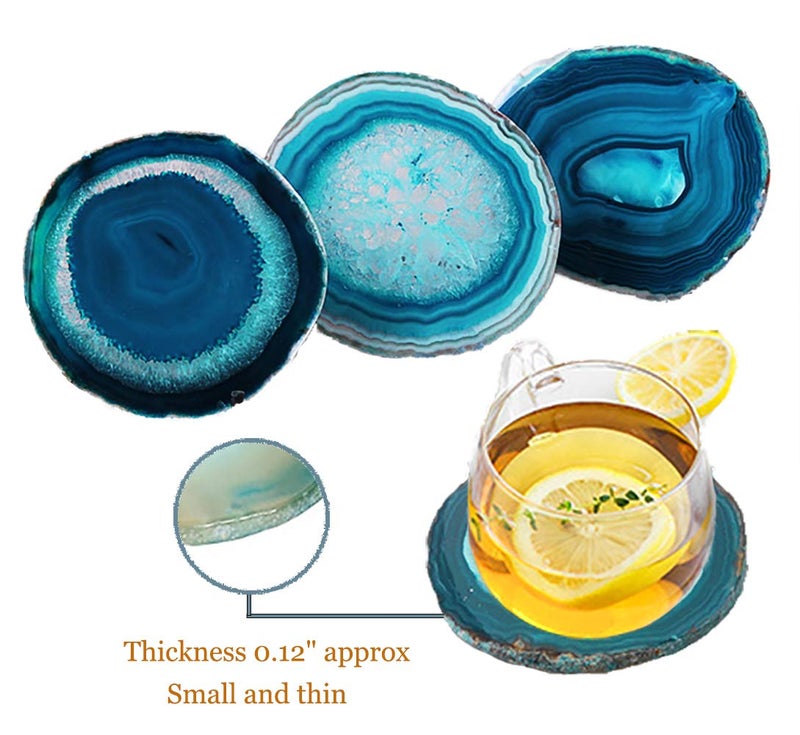 AMOYSTONE Teal Agate Coasters for Drinks - Set of 4 Geode Crystal Quartz Rock Slices With Rubber Bumpers 3-3.5" - Image 2