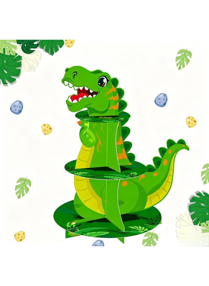 Dinosaur Cupcakes Stand, Funny 3 Tier Dinosaur Party Stand Cute Small Cake Stand for Birthday Supplies Decor(Green) - Image 1