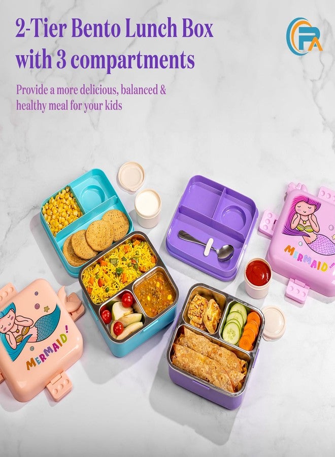 Primalite Kids Mermaid Theme Stainless Steel Bento Lunch Box for School, 3-Compartment, Sauce Jar & a Spoon, Leak-Proof with Seal-Ring Design & Multiple Lock-Design Tiffin, Air-Tight- 1100ML- Lavender - Image 5