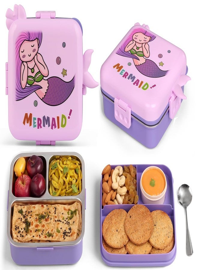 Primalite Kids Mermaid Theme Stainless Steel Bento Lunch Box for School, 3-Compartment, Sauce Jar & a Spoon, Leak-Proof with Seal-Ring Design & Multiple Lock-Design Tiffin, Air-Tight- 1100ML- Lavender - Image 1