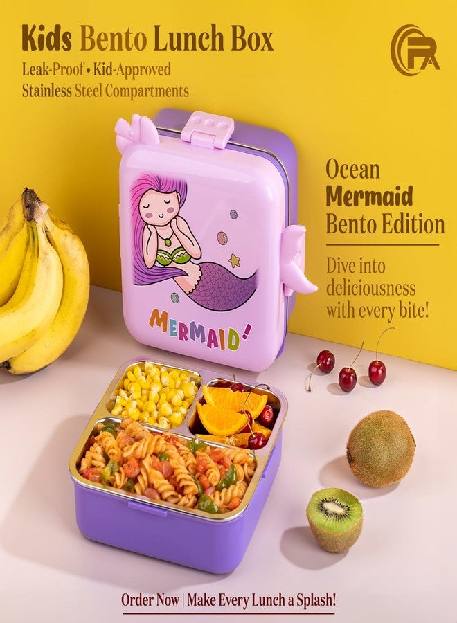 Primalite Kids Mermaid Theme Stainless Steel Bento Lunch Box for School, 3-Compartment, Sauce Jar & a Spoon, Leak-Proof with Seal-Ring Design & Multiple Lock-Design Tiffin, Air-Tight- 1100ML- Lavender - Image 2