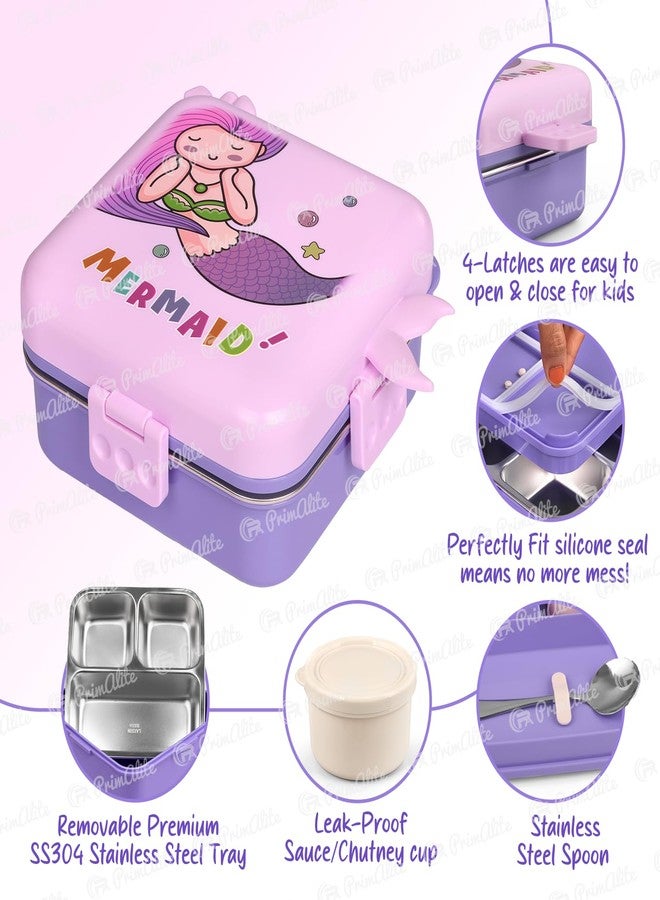 Primalite Kids Mermaid Theme Stainless Steel Bento Lunch Box for School, 3-Compartment, Sauce Jar & a Spoon, Leak-Proof with Seal-Ring Design & Multiple Lock-Design Tiffin, Air-Tight- 1100ML- Lavender - Image 3